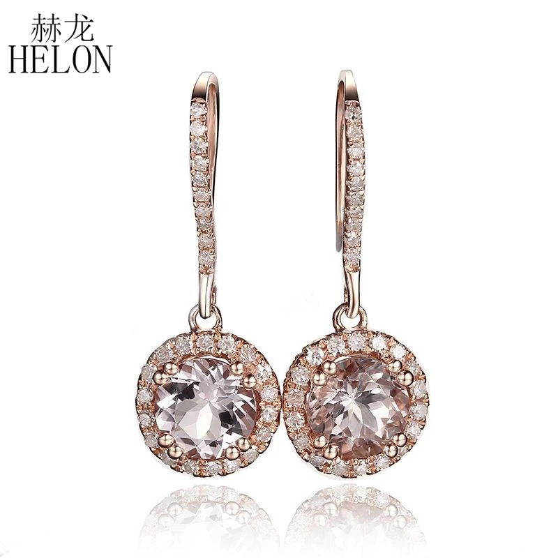 

HELON 6mm Round 1.6ct Morganite Earrings Solid 18K Rose Gold Engagement Fine Natural Diamonds Drop Earrings Hook Dangle Earrings