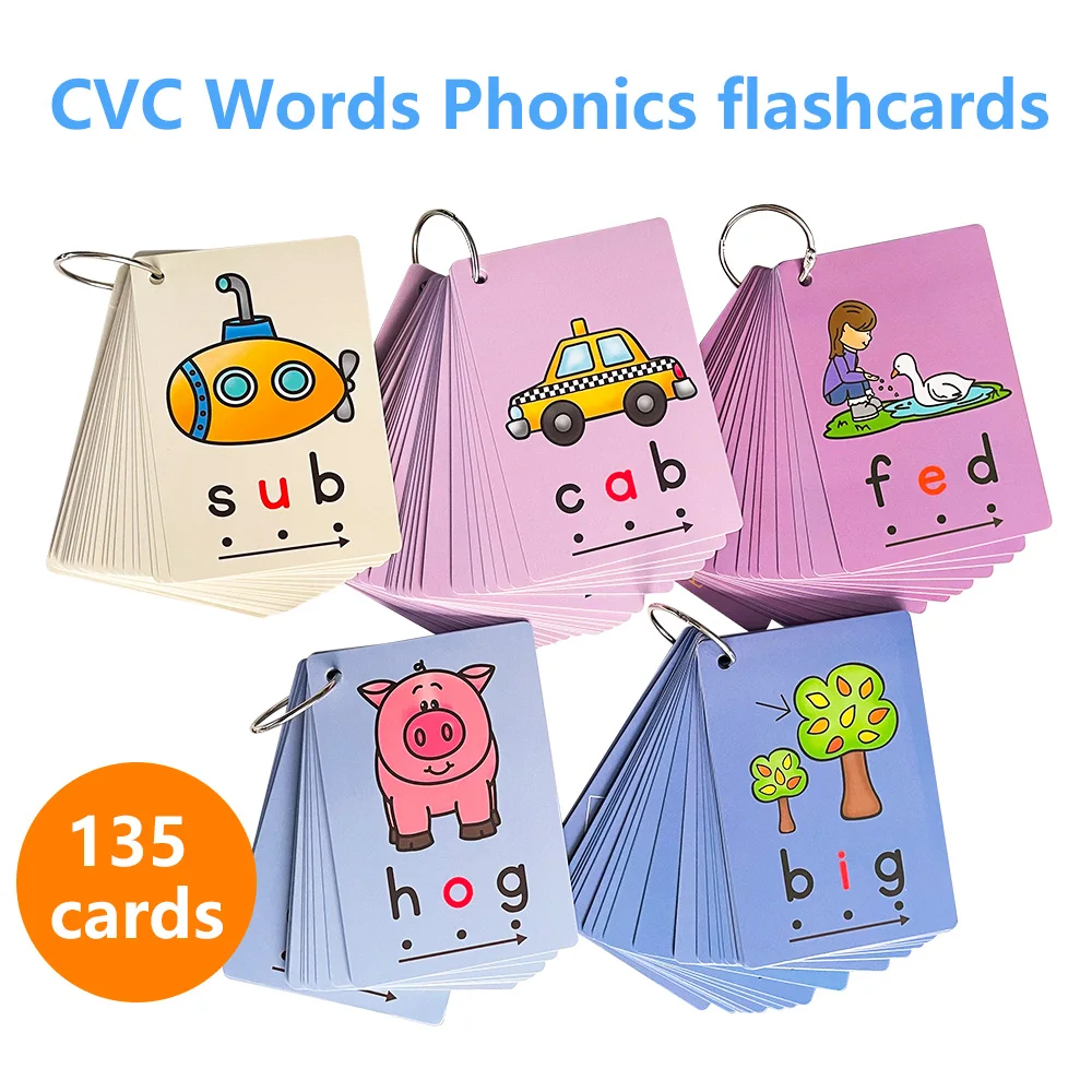 

135 cards Phonics CVC Words flashcards Sight Word Flash Cards Toddler Kindergarten Preschool Educational Learning Games