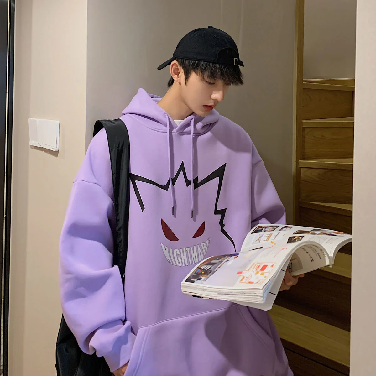 Свитшот мужской с капюшоном худи мультяшным принтом повседневный Свободный