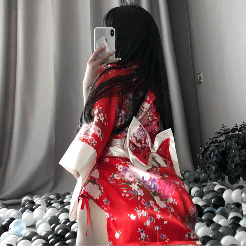 

Sexy Sakura Kimono Women Cute Japanese Uniform Floral Print Short Kimono Robe Night Bathrobe Yukata Dress Sleepwear