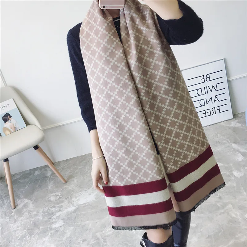 Осень зима 2018 женский полосатый кашемировый шарф в виде ромбовидной решетки