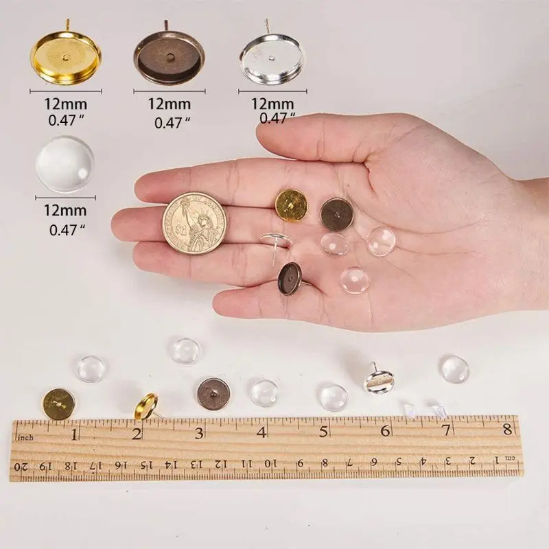 

ANGELADY 12mm DIY Stud Earrings Blanks with Glass Cover Cabochon Setting 3 Colors Alloy Earring Bezel Trays for Jewelry Making