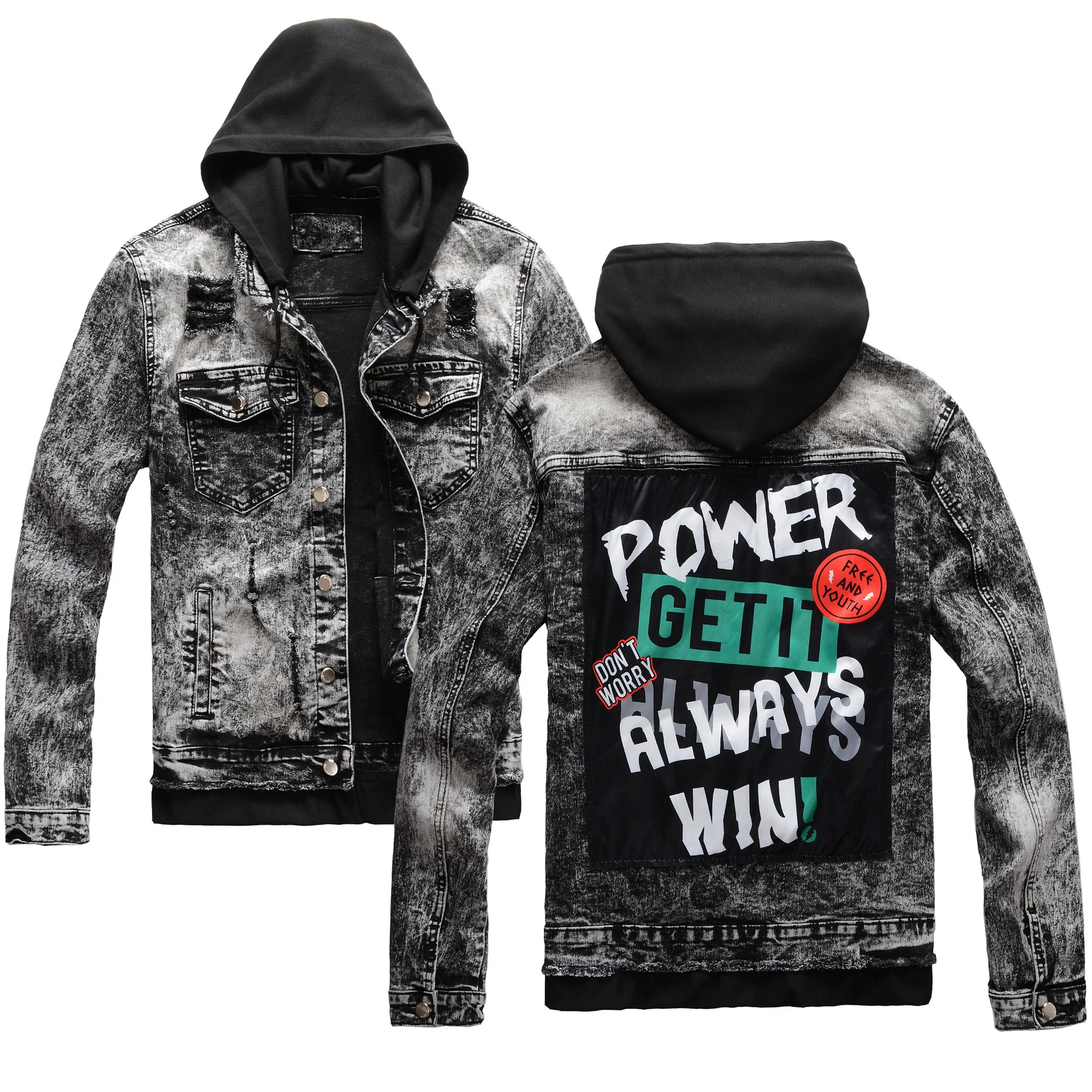 

The New Retro Print Gray And Black Men's Hip-hop Denim Jacket Casual Slim Hooded Men's Denim Jacket Coat Autumn And Winter XL