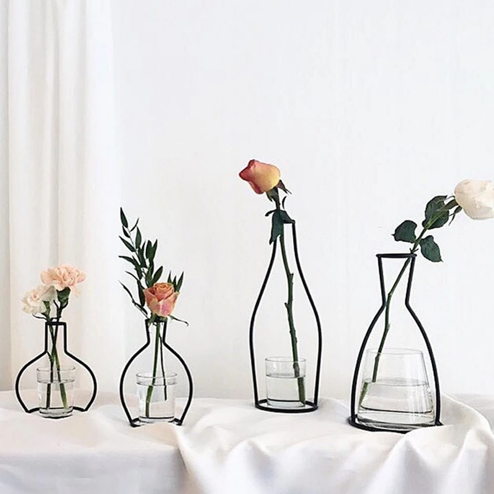 

New Retro Iron Line Table Flowers Vases Nordic Decoration Home Metal Plant Holder Nordic Styles Flower Vase Home Decor 8 Shapes