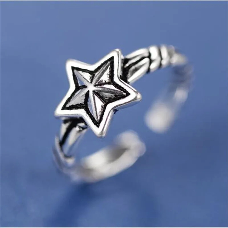

Retro Korean Style Old Five Pointed Silver Plated Jewelry Personality Star Exquisite Beautiful Opening Rings R060