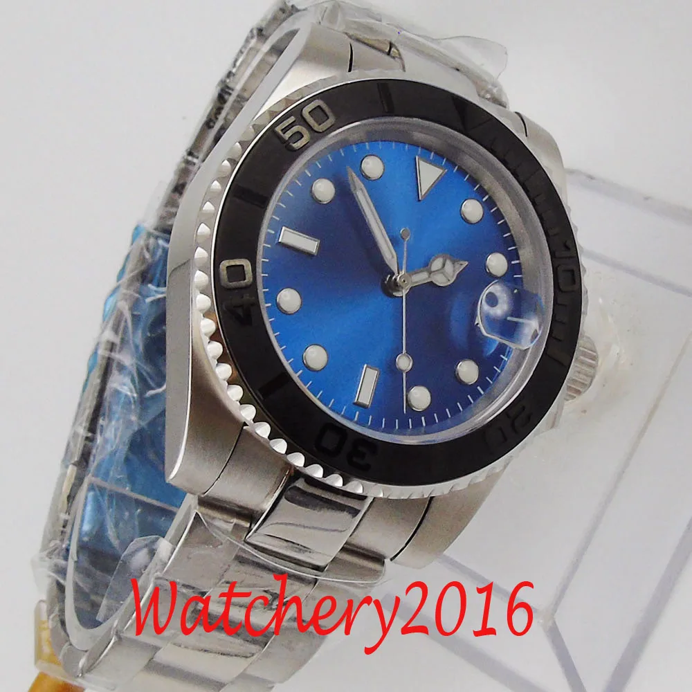 

BLIGER 40mm blue dial luminous hands Sapphire Glass no logo date stainless steel NH35 automatic movement Men's Watch