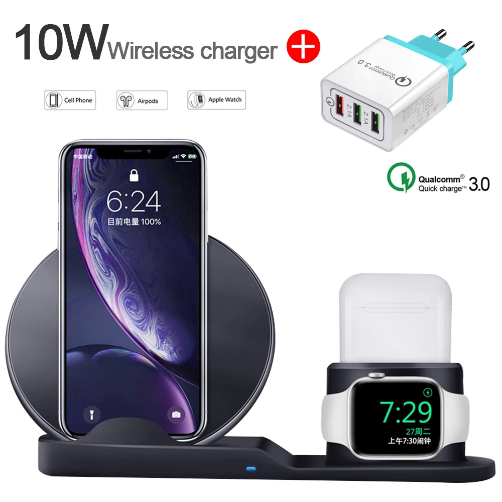 Green Быстрое зарядное устройство QC 3,0 для iPhone 11 pro iPad EU/US Plug 3 в 1 10 Вт QI быстрое лучшее Беспроводное зарядное устройство Подставка для huawei Xiaomi samsung - Тип штекера: Green