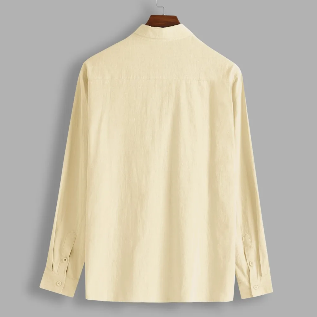 Мужские рубашки мешковатые хлопковые футболки с карманом и длинным рукавом в