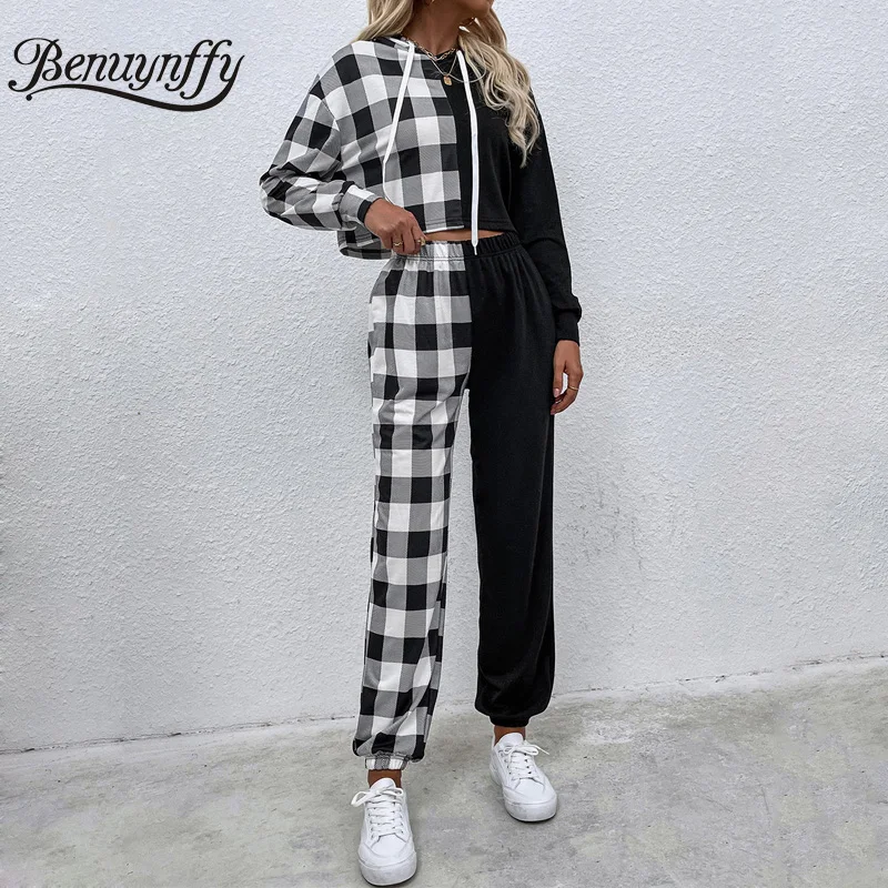

Benuynffy клетчатый лоскутный комплект из двух предметов Женская Весенняя и осенняя Повседневная Толстовка с длинным рукавом и кулиской и штан...