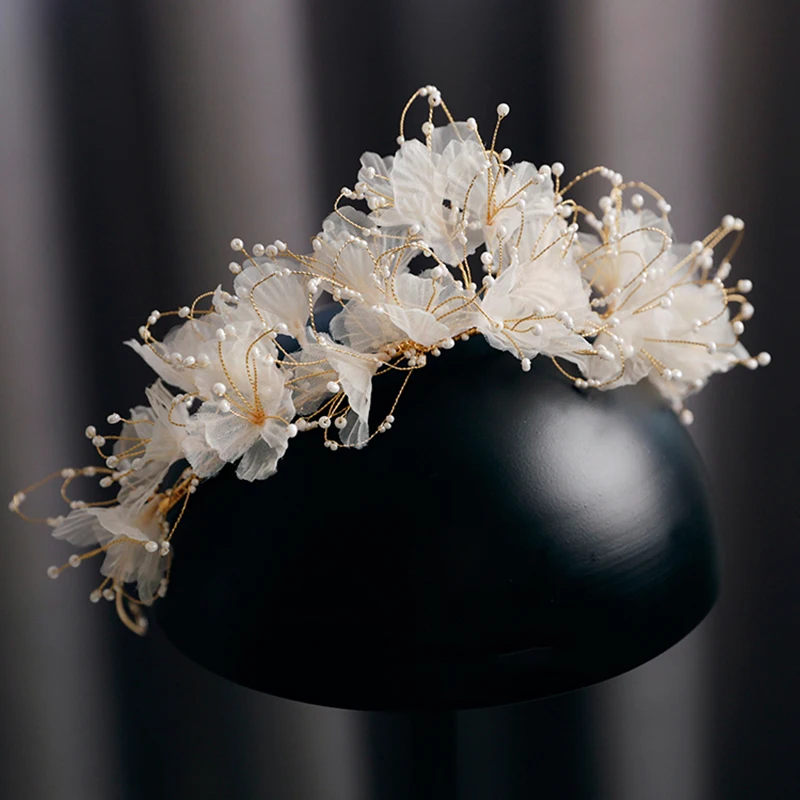 

NiuShuya New Fairy Soft Silk Yarn Fower Headband Handmade Beads Bridal Headdress Wedding Dress Hair Accessories