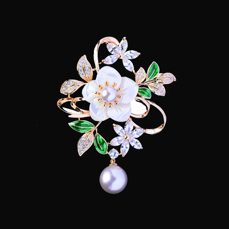 

Fashion Elegant Pearl Drop Luxury Zirconia Shell Flower Brooches For Women's Clothing High Quality Gold Plated Metal Pins