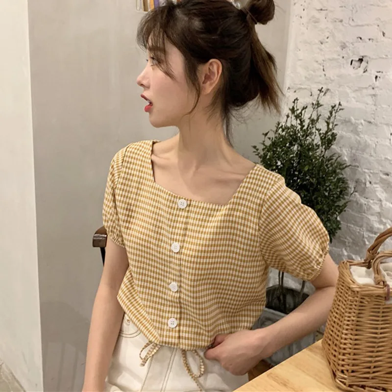 

Women Fashion Plaid Blouses Shirts Summer Casual Short Sleeve Blouse Blusas Office Lady Tops Korean Women Clothes