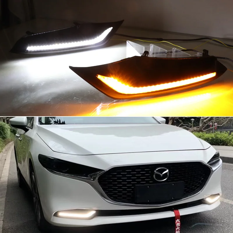 

Светодиодные дневные ходовые огни DNO для Mazda 3 Axela 2019 2020, дневные огни, желтый сигнал, Автомобильные противотуманные фары DRL