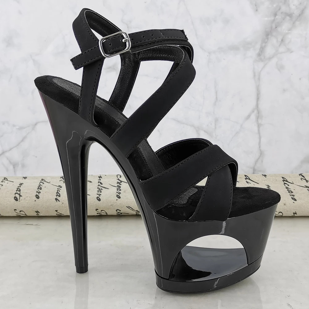 Leecabe Black PU Stripe style high heel sandals 17cm/7inches sexy model shoes pole dance shoes
