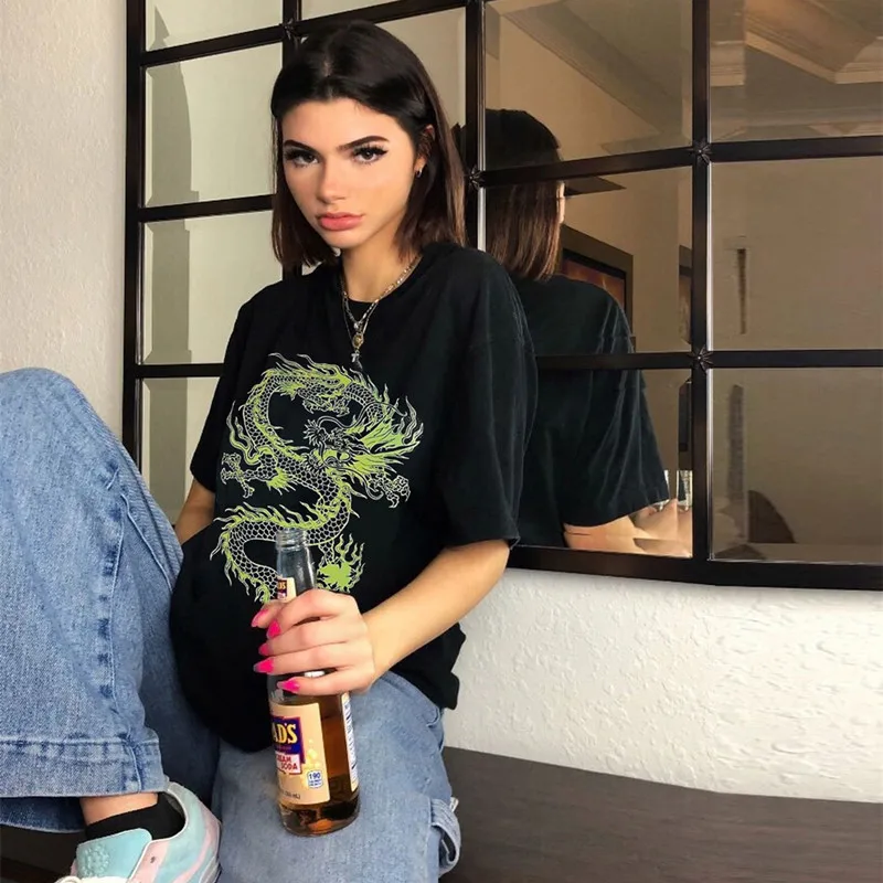 Женская футболка с принтом дракона большие размеры короткий рукав Tumblr