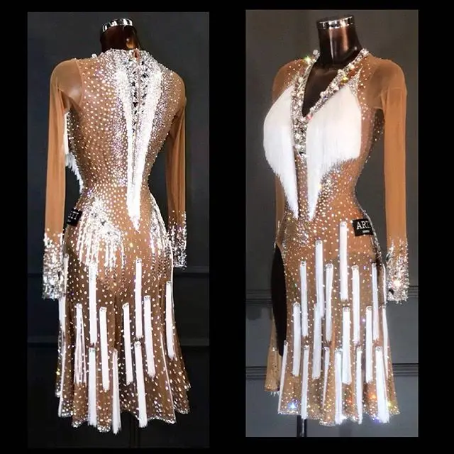 Платье для латиноамериканских танцев костюм латинских белое платье с бахромой