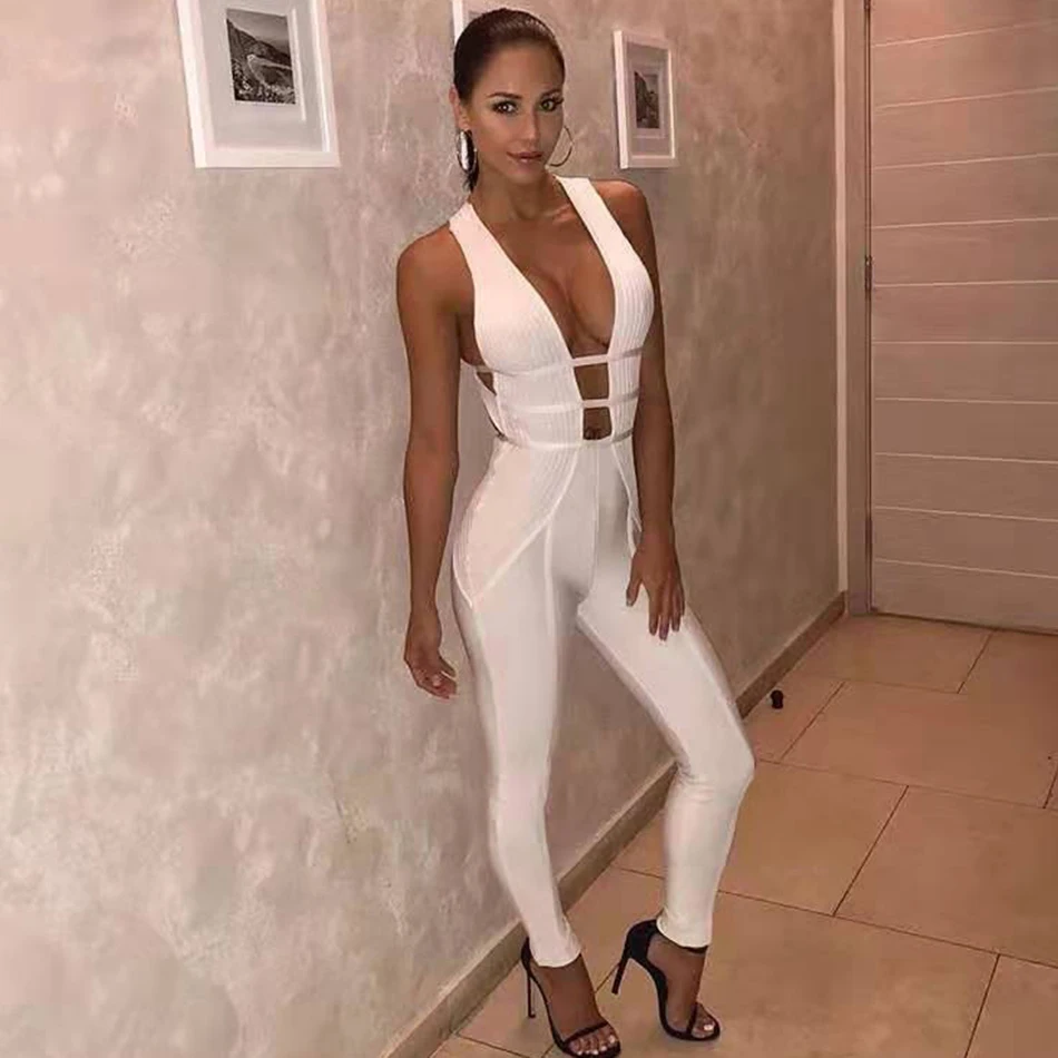 Женский Облегающий комбинезон без рукавов белый ажурный праздвечерние чный