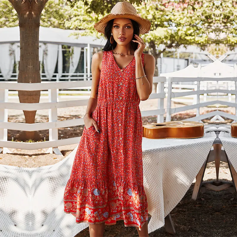 

Женское платье на бретелях-спагетти, длинное ТРАПЕЦИЕВИДНОЕ ПЛАТЬЕ с цветочным принтом, V-образным вырезом и высокой талией, весна-лето 2021