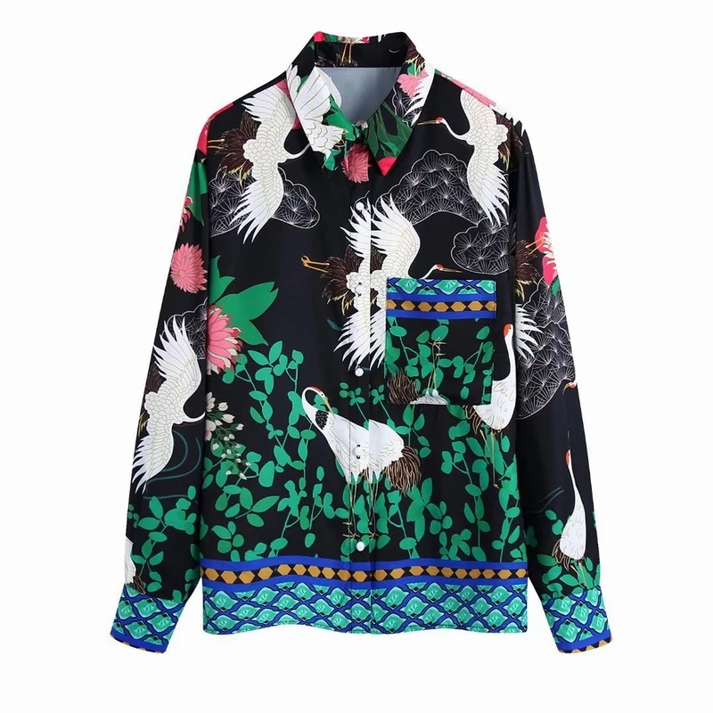 

Flowing Printed Shirt Women Spring 2022 New Fashion Red-crowned Crane Long Sleeve Blouse Modern Girl Casual Clothing Loose Top