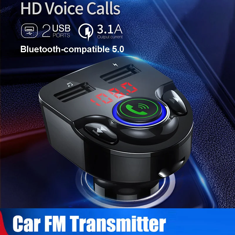 

Автомобильный FM-трансмиттер Konrisa, FM-адаптер, Bluetooth, 5,0, автомобильный комплект громкой связи, голосовое вещание, поддержка двух USB, TF-карта