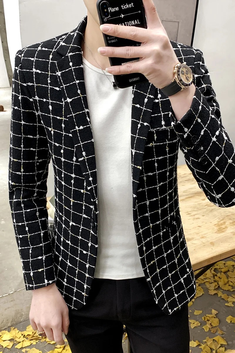 

Winter Men Autumn Blazers Fashion Plaid Casual Suit Jackets Korean Slim Fit Wedding Business Dress Coat Social Blazer Masculino