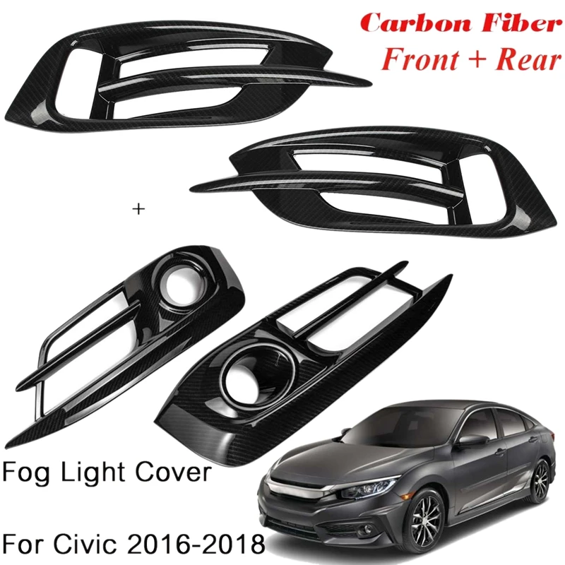 

4Pcs Carbon Fiber Bumper Front&Rear Fog Light Lamp Cover Grille for Honda Civic 10Th 2016 2017 2018