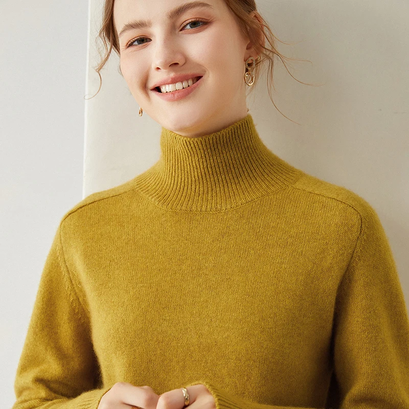 100% Pure Goat Cashmere Knitted Sweaters Women Turtleneck Hot Sale Long Sleeve Solid Colors Soft Top Grade Thick Pullovers
