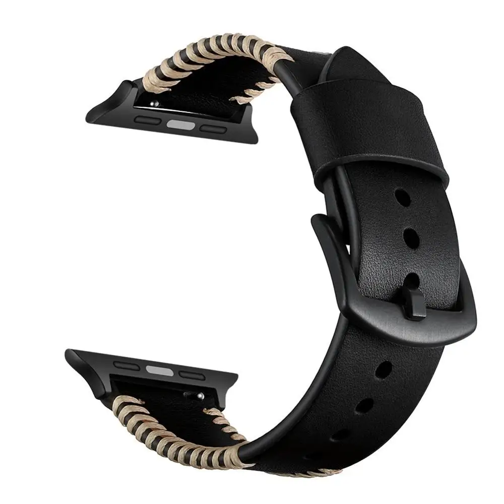 Black Ремешок для часов apple Watch 4 ремешок с белым проводом из натуральной кожи ремешок Serise 4 3 2 1 для apple watch 4 4 мм Мужские часы - Цвет ремешка: Black