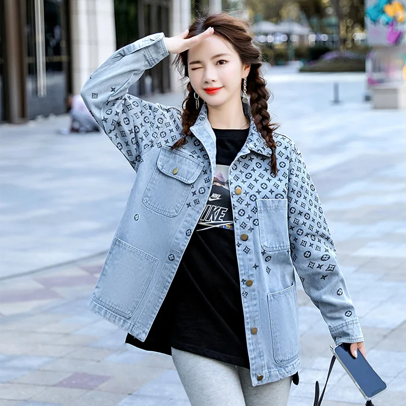 Осень 2021 новая Повседневная джинсовая куртка с принтом Женский Топ |