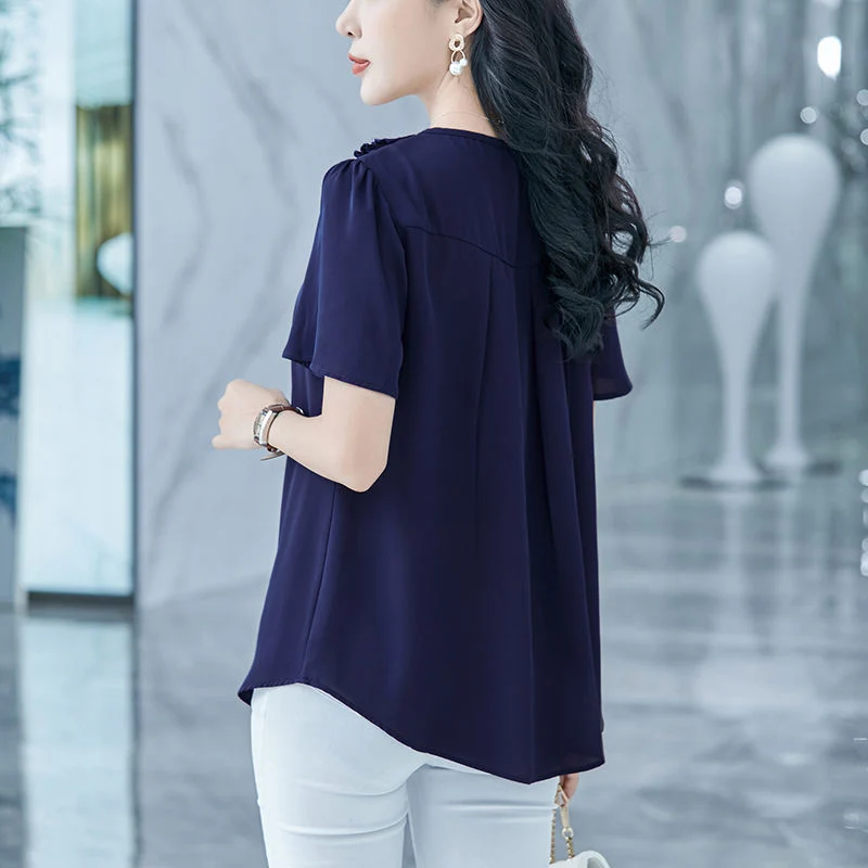 

2021 Women Spring Summer Style Blouses Shirts lady Casual Short Sleeve O-Neck Ruffles Decor Blusas Tops