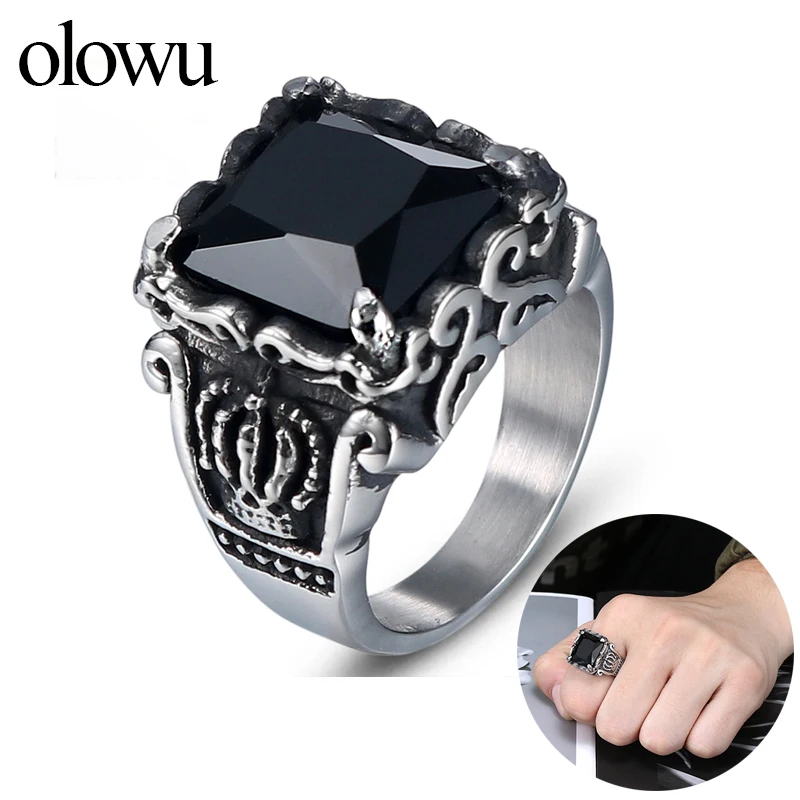 Мужское кольцо с кристаллами olowu винтажное серебряное из нержавеющей стали