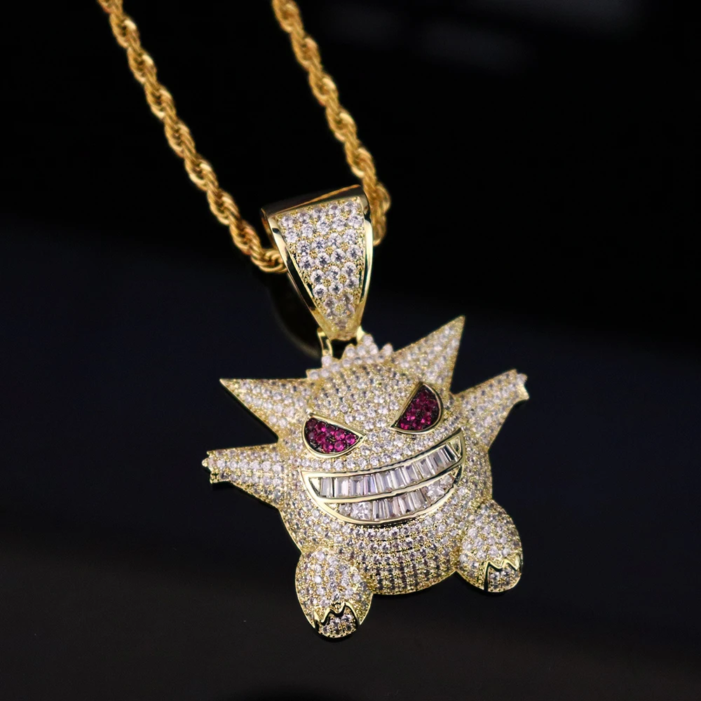 

US7 Hip Hop Jewelry Mask Gengar Necklace Small Size New Arrival Pendant Cubic Zircon Copper Necklace Iced Out Chain Mens Gift