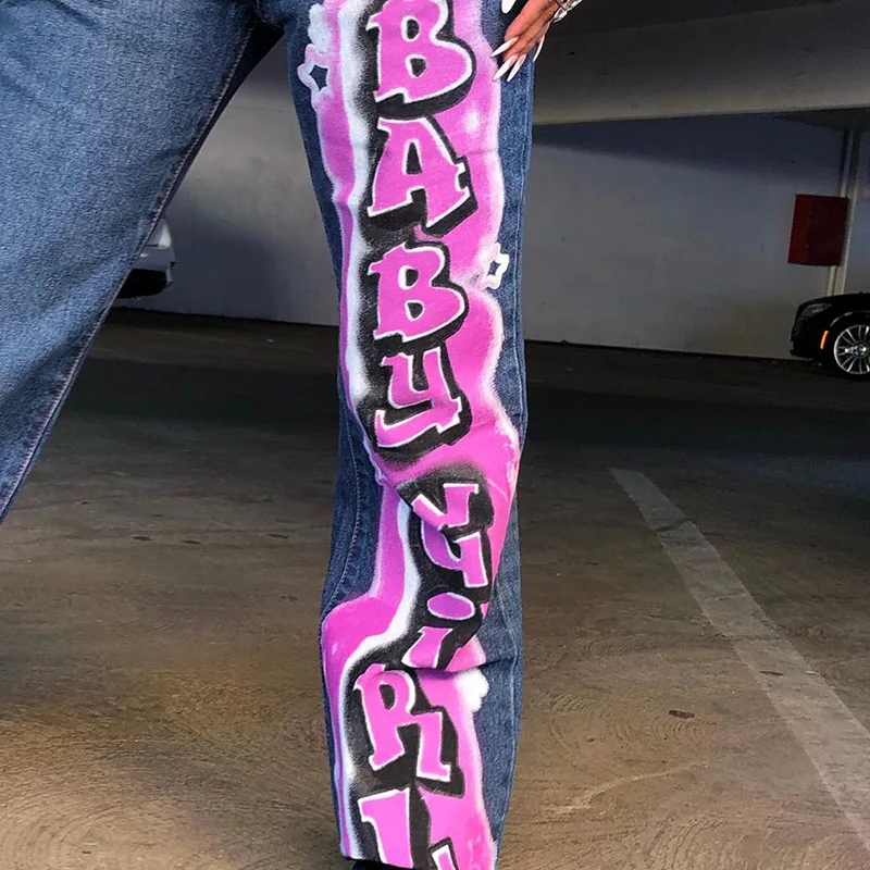 

Side Pink Letter Printing Vintage Jeans for Women High Waisted Loose Full Length Blue Pant Hot Girls New Streetwear Brand Design