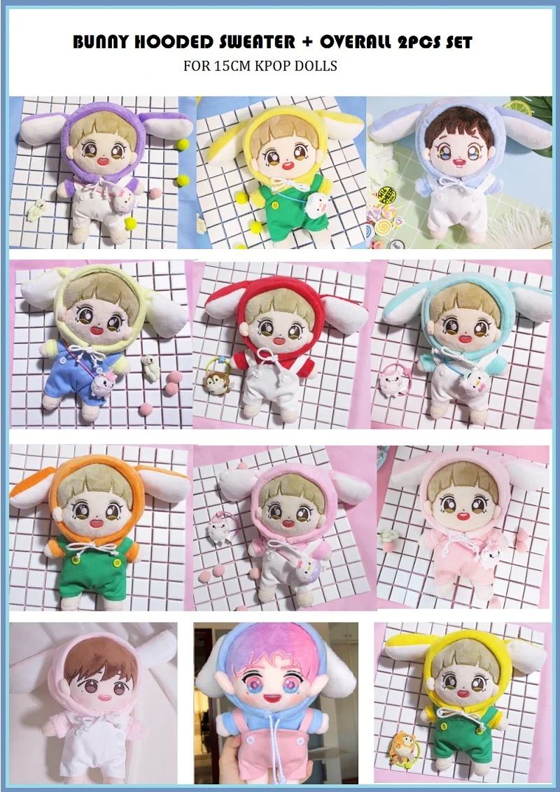 

[MYKPOP]KPOP Doll's Clothes and Accessories: Bunny Hooded Sweatshirt + overalls 2pcs Set for 15cm dolls SA19102914