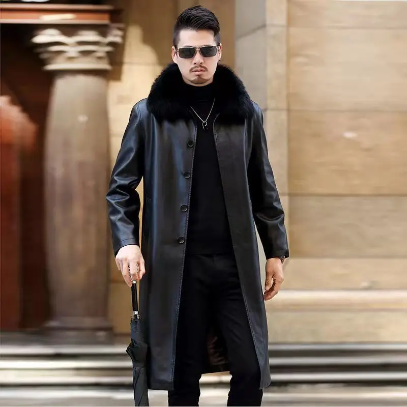 

2021 Autumn and Winter Korean Style Mid-Length PU Leather Solid Color Lapel Long Sleeve Single-Breasted Warm Windbreaker