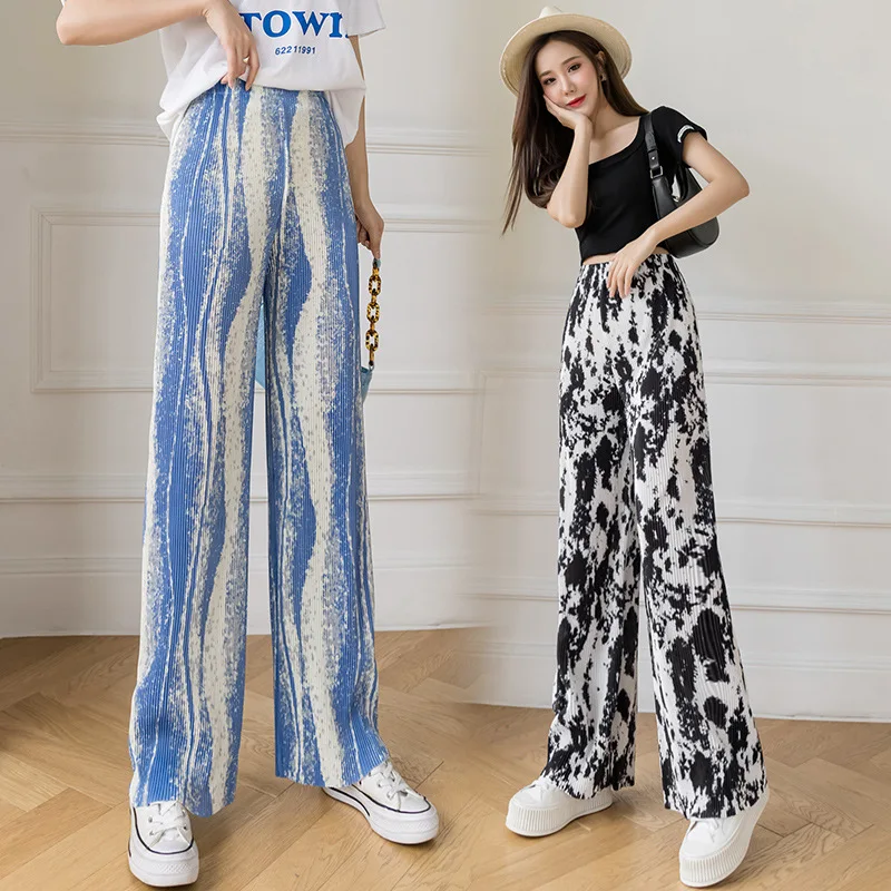 

Summer Tie Dye Wide Leg Pants For Women Casual Elastic High Waist 2021 New Fashion Loose Long Pants Pleated Pant Trousers Femme