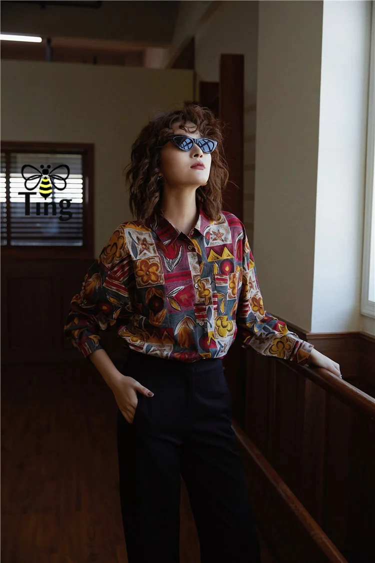 Tingfly дизайнерская винтажная с цветочным принтом Повседневная Блузка рубашки для