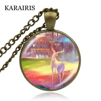 karairis handmade craft necklaces creative watercolor silhouette print deer glass cabochon necklace jewelry for women