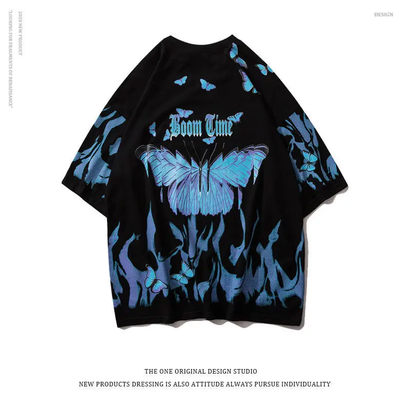 

Blue Butterfly T Shirt Men 2021 Harajuku Hip Hop Short Sleeve Tees Casual Tops Streetwear Oversized T Shirts Cotton Mens Clothes