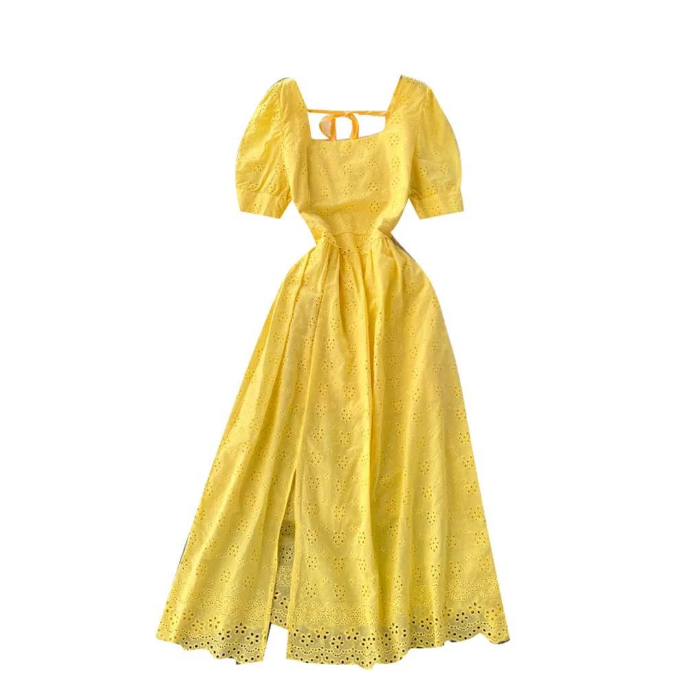 

Women Cotton Summer Dress French Square Short Sleeve Bandage White Midi Dresses Fashion Casual Gown Female Clothing 2021 Atopos