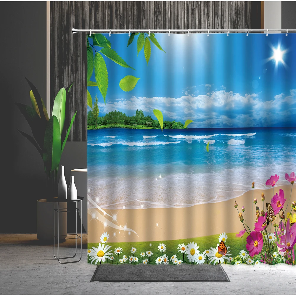 

Shower Curtain Tropical Landscape Ocean Sandy Beach Green Leaf Flowers Palm Tree Bird Waterproof Photography Backdrop With Hooks