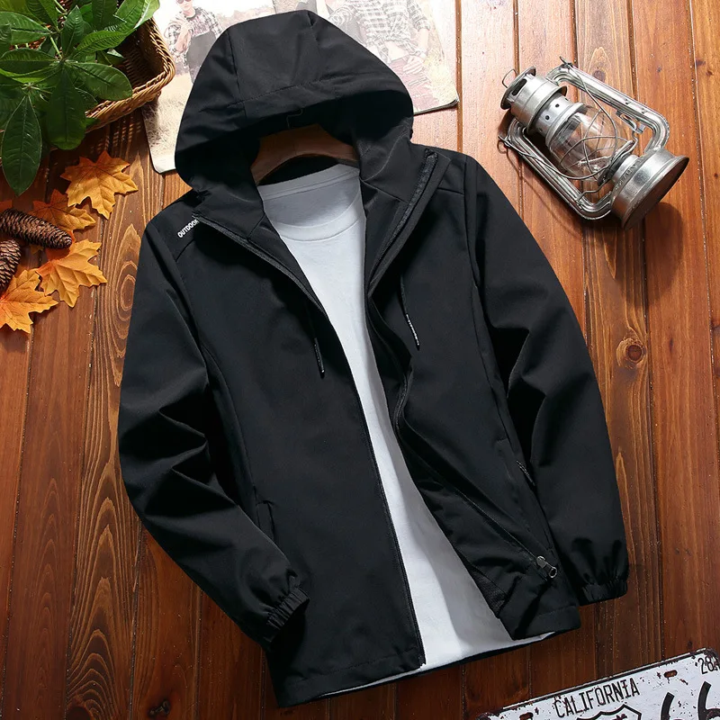 

E-BAIHUI Men's Jacket Fashion Nylon Windbreaker Outdoor Casual Windproof Spring And Autumn Coat Zipper Solid Trench With Cap