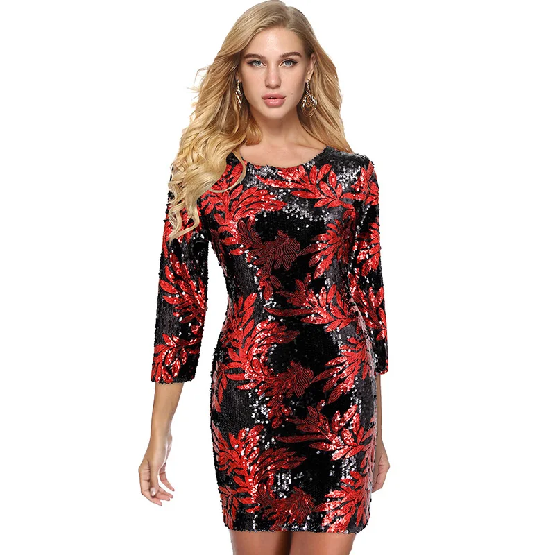 

Women's Sexy Bodycon Dress Sequined Long Sleeves O Neck Spring Autumn Evening Party Casual Mini Dress Elegant Streetwear Vestido