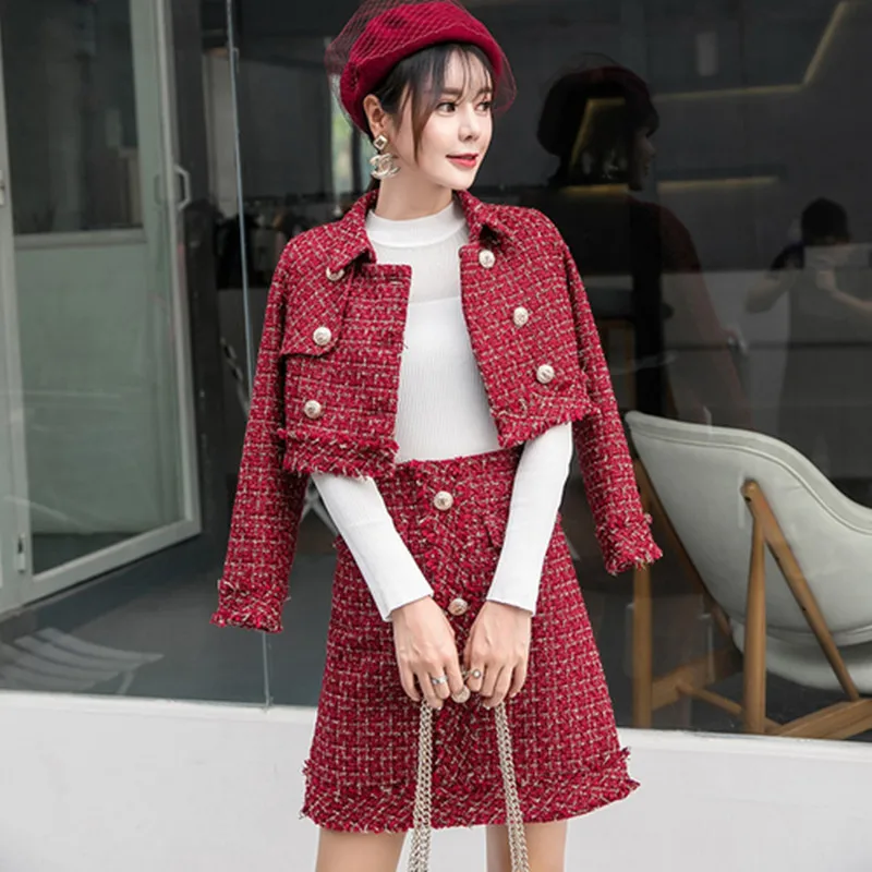 

ZAWFL 2021 Autumn Winter Suits Women Runway Designer Elegant Office Lady Formal Tweed Red Blazer Jacket Mini Skirt 2 Piece Sets