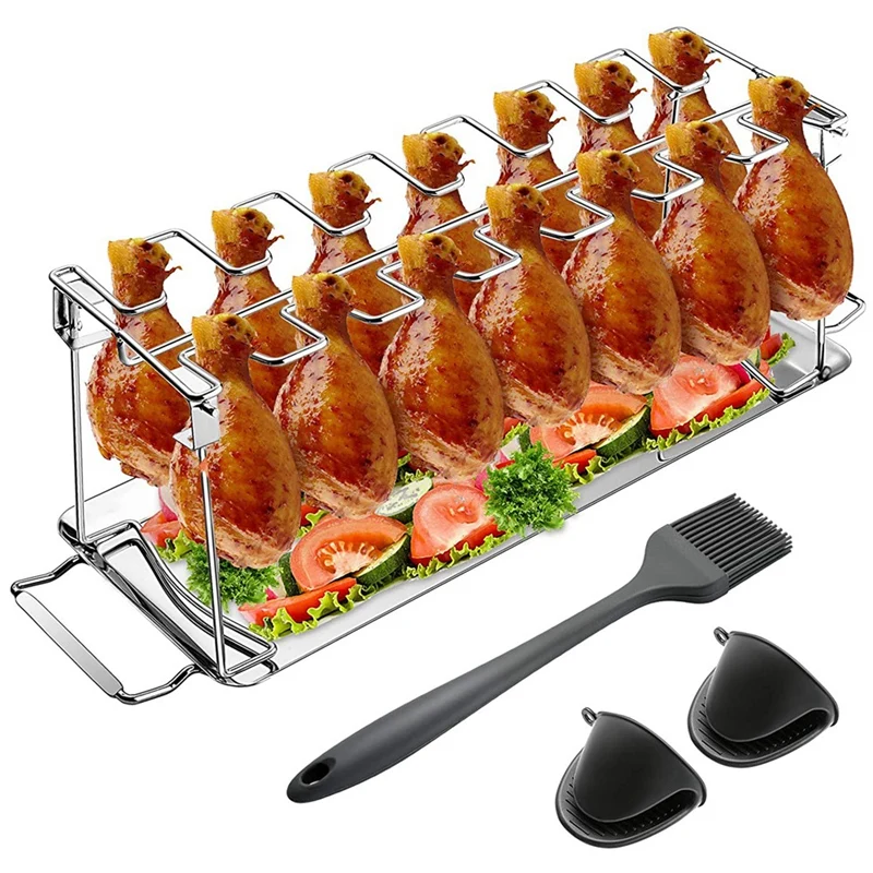 

Chicken Leg Wing Grill Rack,14 Slots BBQ Chicken Drumsticks Stainless Steel Roaster Stand for Smoker or Oven,Foldable