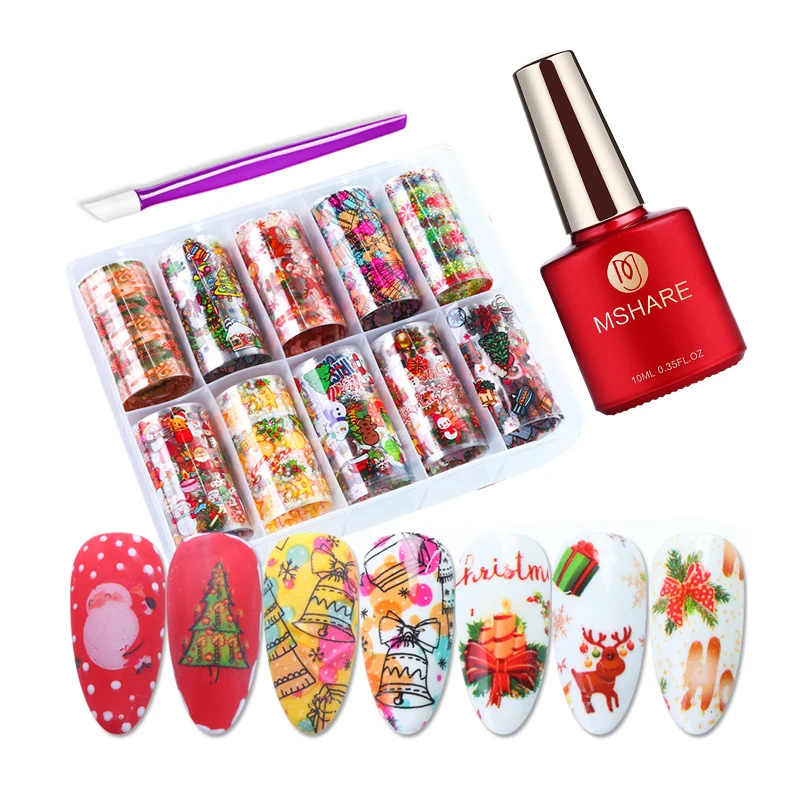 

Рождественская переводная Фольга для ногтей MSHARE, Гелевый лак для ногтей, с бесплатным переводом с наклейкой из фольги, 10 типов