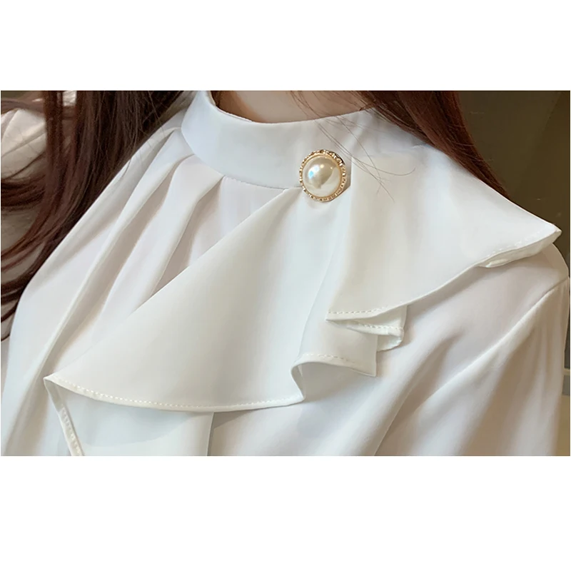 

2021 Autumn New Long Sleeve Chiffon Shirt Office Lady Fashion Stand Collar Blouse Women Ruffled Tops Clothes Blusas Mujer 16122