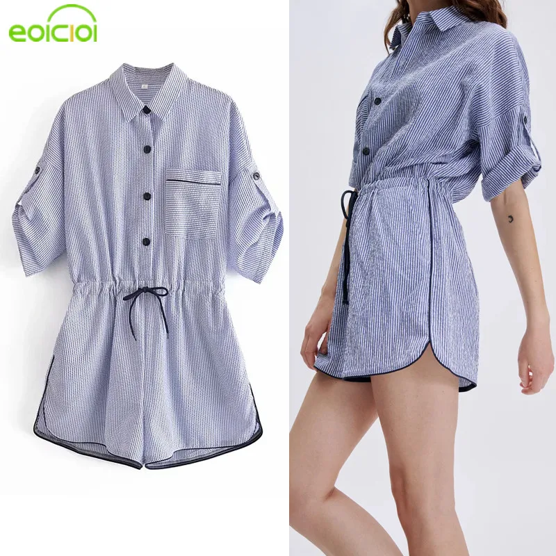 

EOICIOI Za Female Jumpsuit Blue Stripe Summer Shorts Woman's Playsuit Elegant Woman Jumpsuits Casual Button Women Jumpsuit