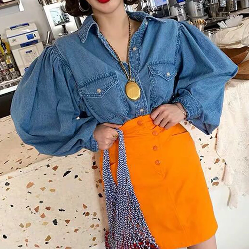 CALOFE 2020 Autumn Fashion Women Jeans Shirt Chic Puff Sleeve Loose Denim Long-sleeved Coat Hot Girls Casual Outwear |