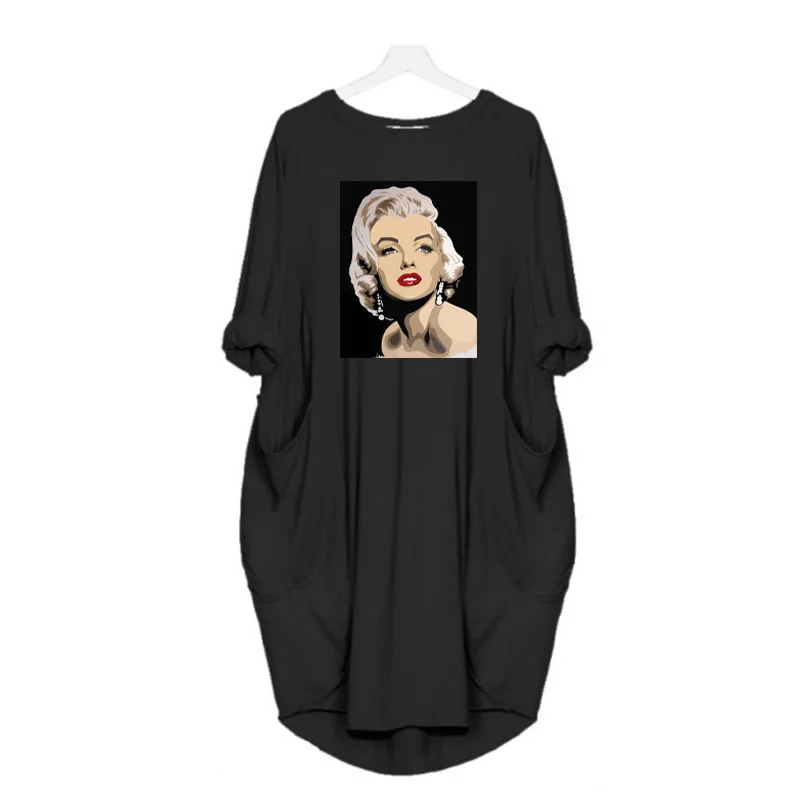 

Spring Autumn Midi Dress Marilyn Monroe Printed Dresses for Women 2021 Long Sleeve Vintage Casual Loose Tshirt Vestido De Mujer